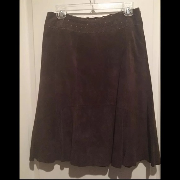 CAbi Brown Leather Suede A Line Fit Flare Skirt Flirty Hem Size 4 NWOT